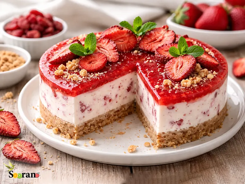 طرز تهیه چیزکیک یخچالی با توت‌فرنگی خشک